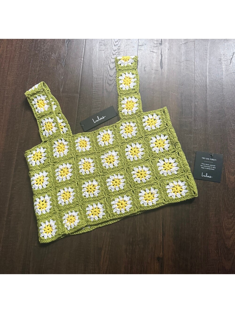 NWT Lulus Green Daisy Crochet Granny Square Crop Top Cottagecore